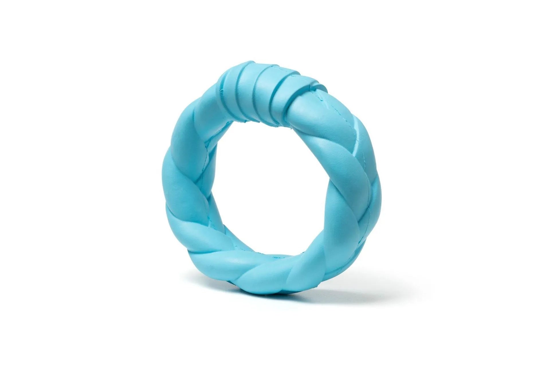 Blue rubber woven ring dog toy for teeth cleaning and interactive training on a plain background