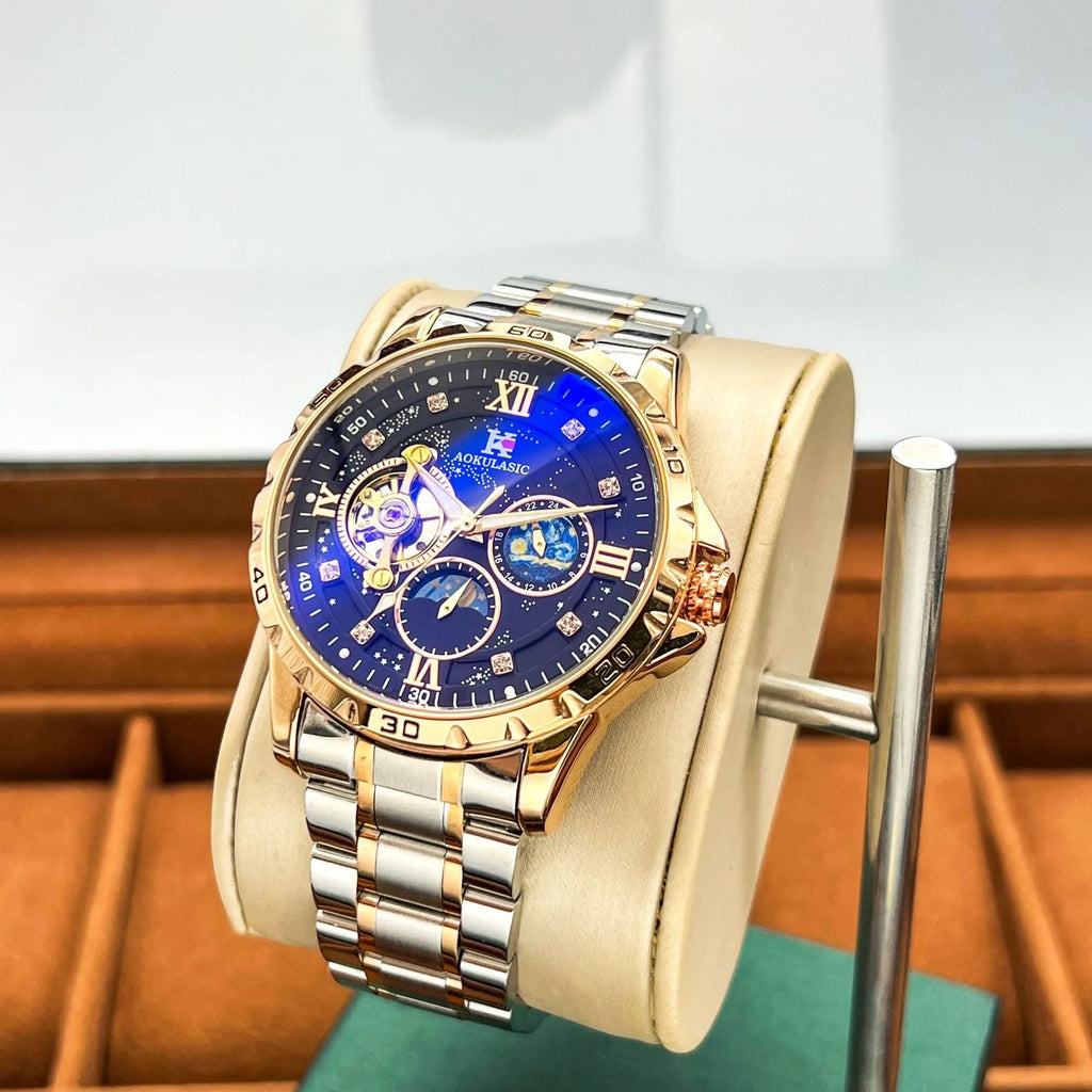 Automatic mechanical men's watch with rose gold case, black dial, and stainless steel bracelet.