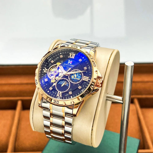 Automatic mechanical men's watch with rose gold case, black dial, and stainless steel bracelet.