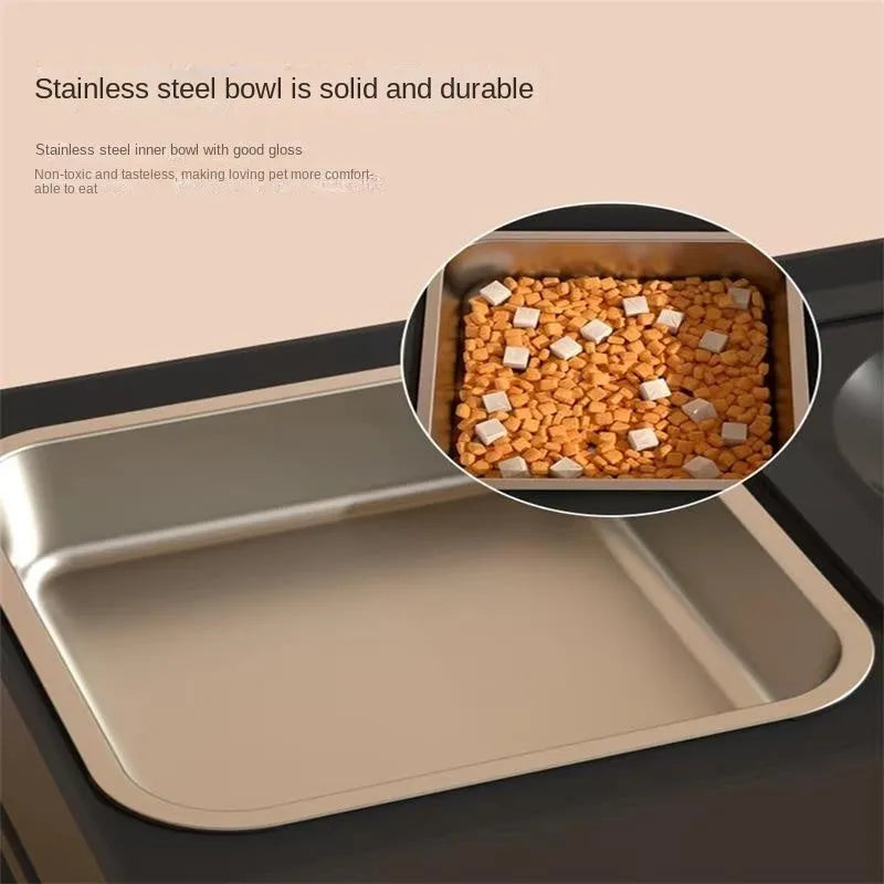 Adjustable height grey dog feeding stand with two stainless steel bowls on an anti-slip base