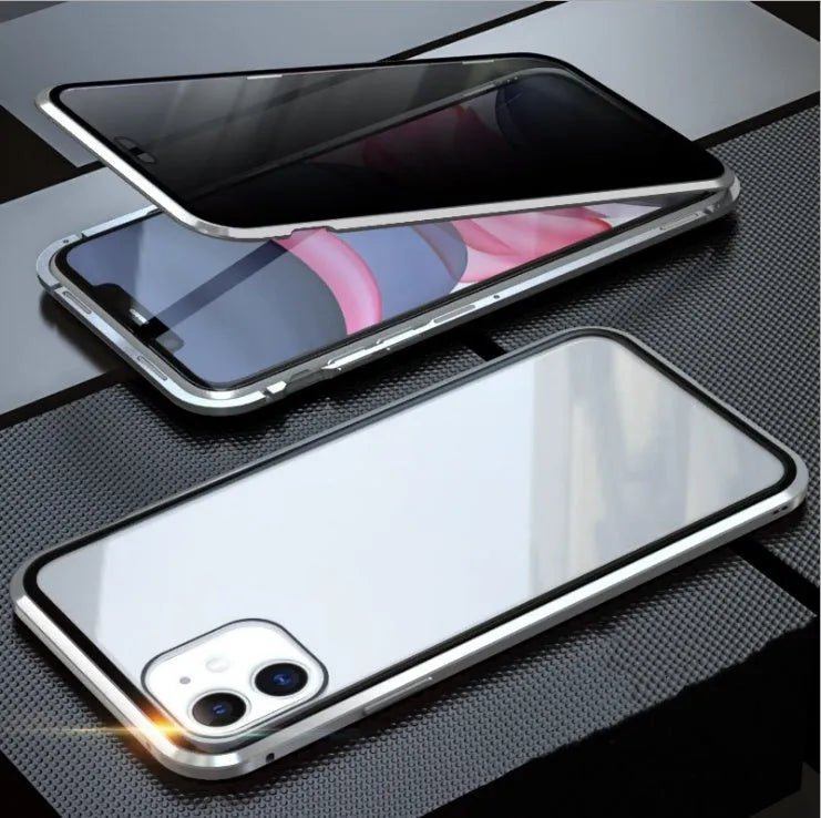 Black double-sided glass magnetic clamshell iPhone case showing front and back tempered glass protection