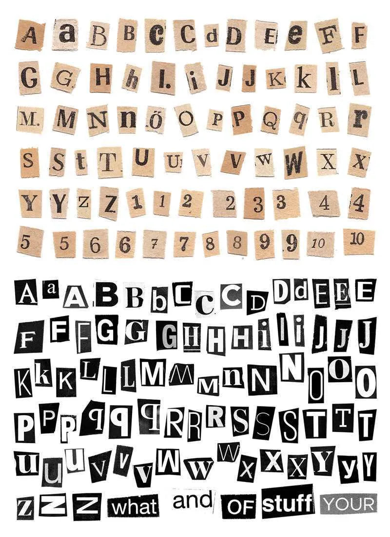 Sheet of cute style decorative stickers showing printed English alphabet letters and weekly words.