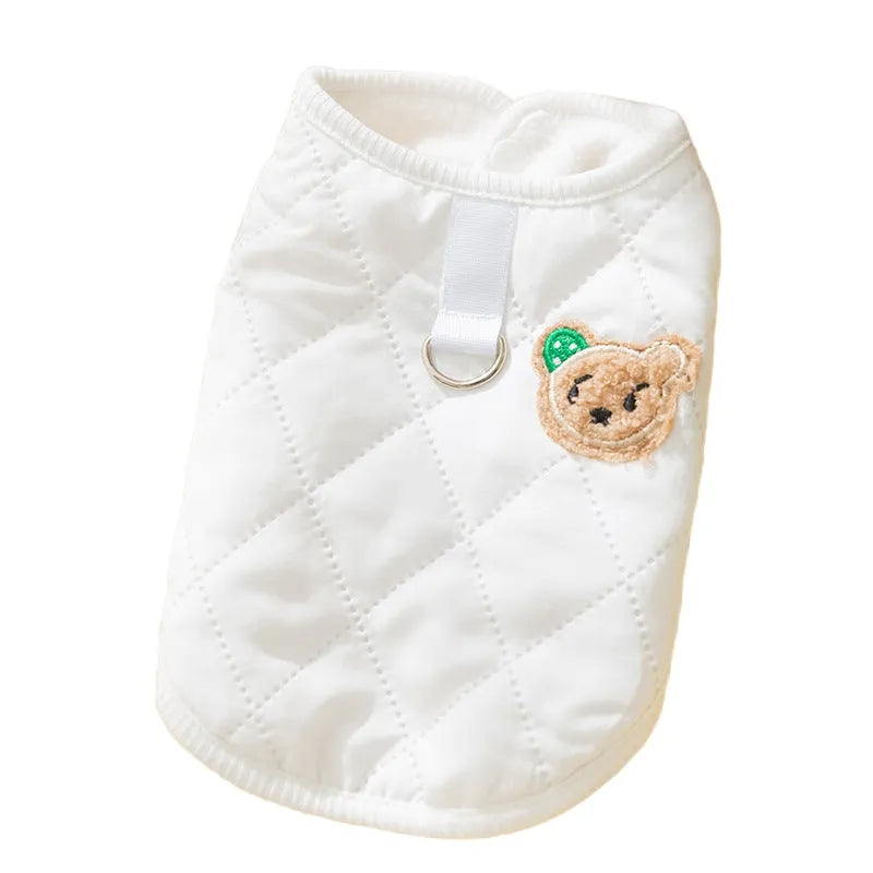 Quilted pet vest with embroidered bear patch and polka-dot ears, cream beige colour, for small dogs, side view