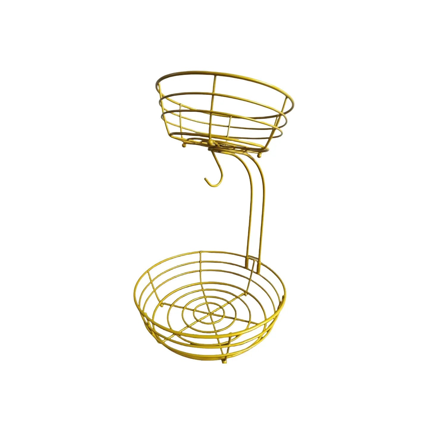 Black wrought iron double-layer fruit basket with two tiers for storing fruits and vegetables