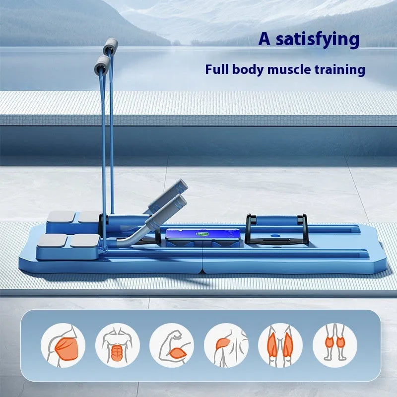 Blue and pink five-in-one fitness board with abdominal wheel for home workouts
