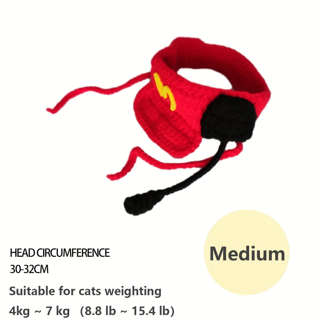 Handmade cotton knitted pet chef hat costume on small dog with elastic neck base