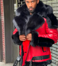Red men's polyester jacket with thick fur collar, lapel, and zipper front on a plain background