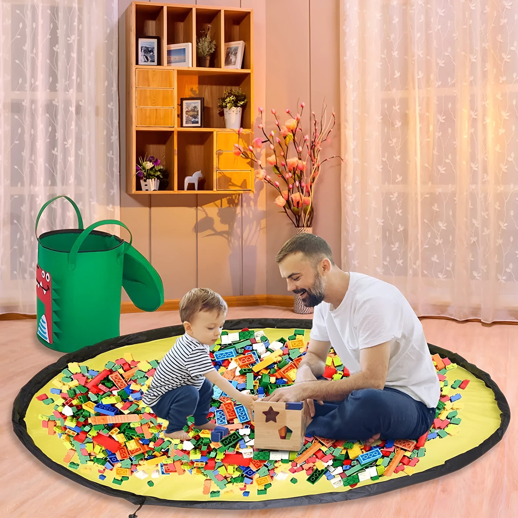 Green felt cube storage bag with pull rope closure shown as toy play mat