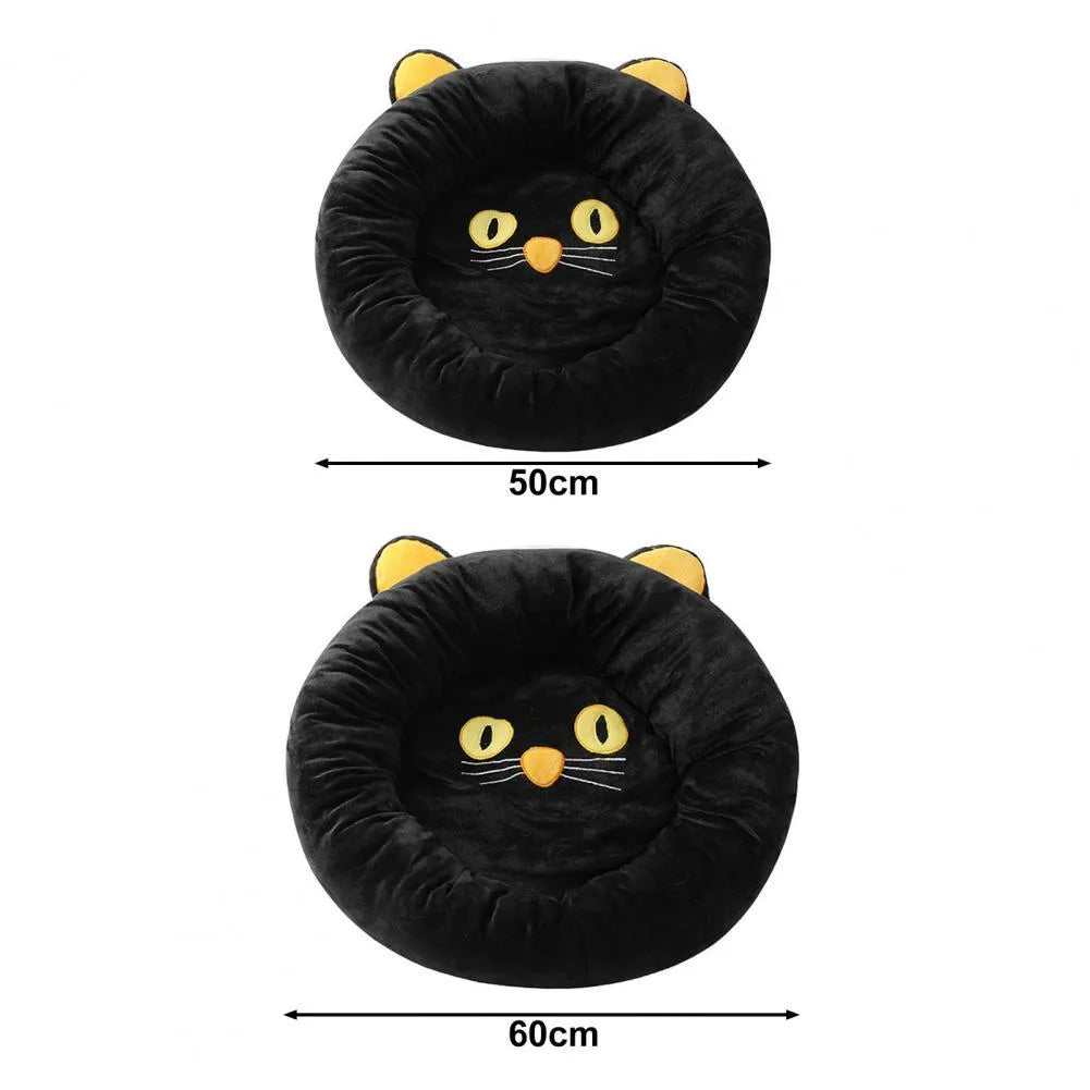 Black cat shaped velvet pet nest bed with raised edges for head support