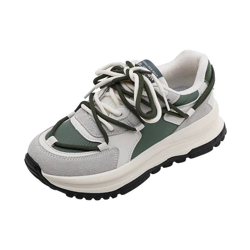 Men's and women's retro platform sneakers in banana green with suede upper, cross strap, and lace-up closure