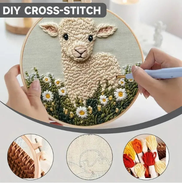 Cute cartoon embroidery pin punch start-up process suit sheep style on cloth with hand-woven details