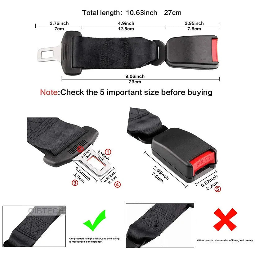 Black car seat belt extender with 36cm ribbon extension strap and 21mm belt insert