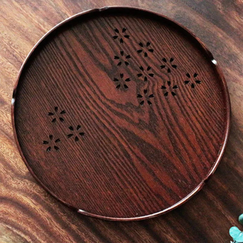 Wooden dessert plate with hollow cherry blossom design, 30 cm diameter, shallow profile