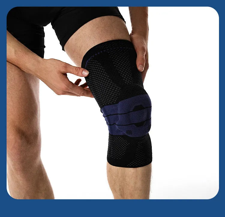 Adult basketball knee pads in nylon and spandex, sizes S M L XL, black and blue or grey and blue.