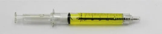 Blue plastic syringe-shaped ballpoint pen measuring 12.5cm with push-type mechanism