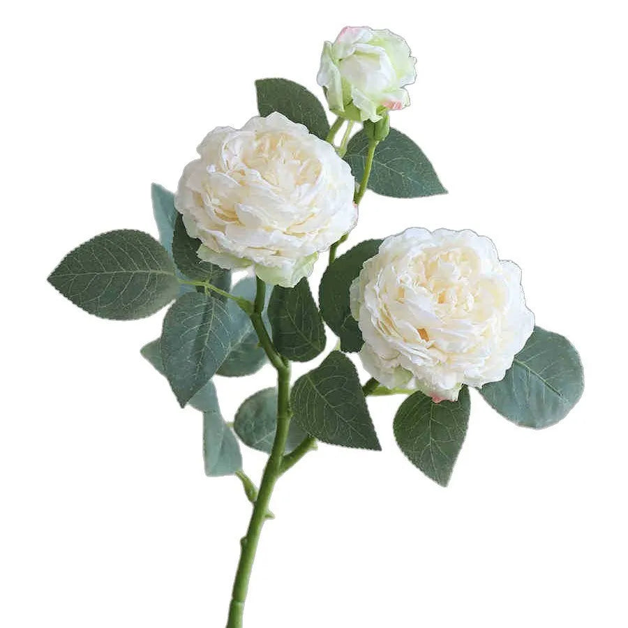 Three head artificial silk rose flower with baked edge petals in beige colour