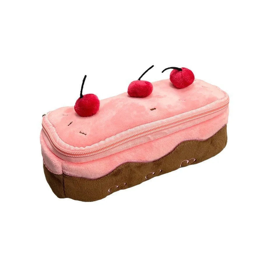 Cherry Cake velvet plush pencil bag with Korean style design and zipper closure