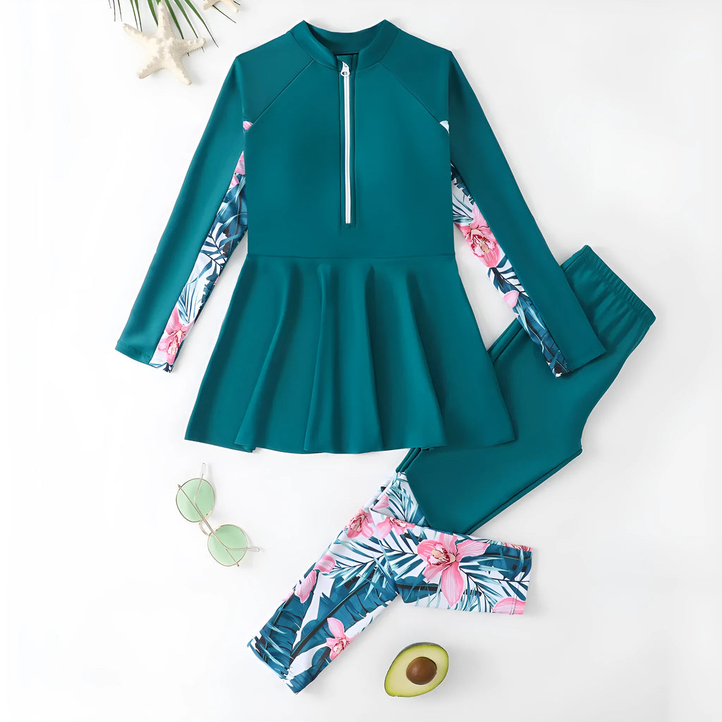 Girls two-piece swimsuit set with long sleeves and trousers in green, nylon and polyester fabric, sizes 120-160