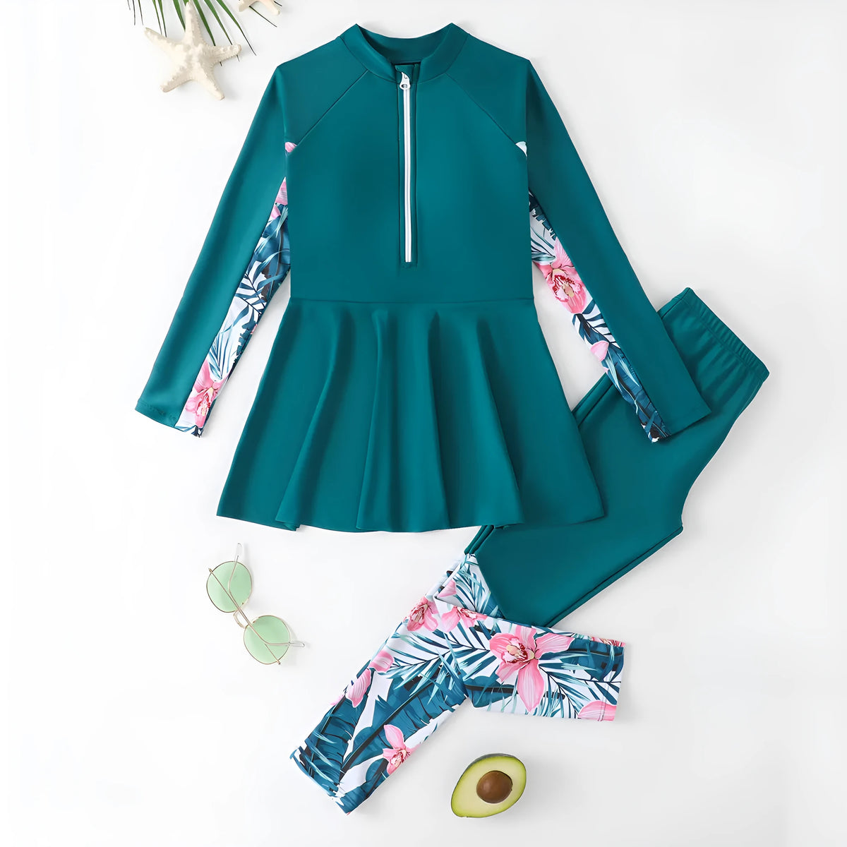 Girls two-piece swimsuit set with long sleeves and trousers in green, nylon and polyester fabric, sizes 120-160