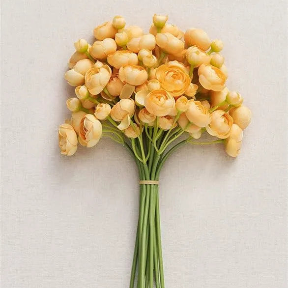 24-head silk tea rose camellia floral stem in pink, 35cm tall, on white background