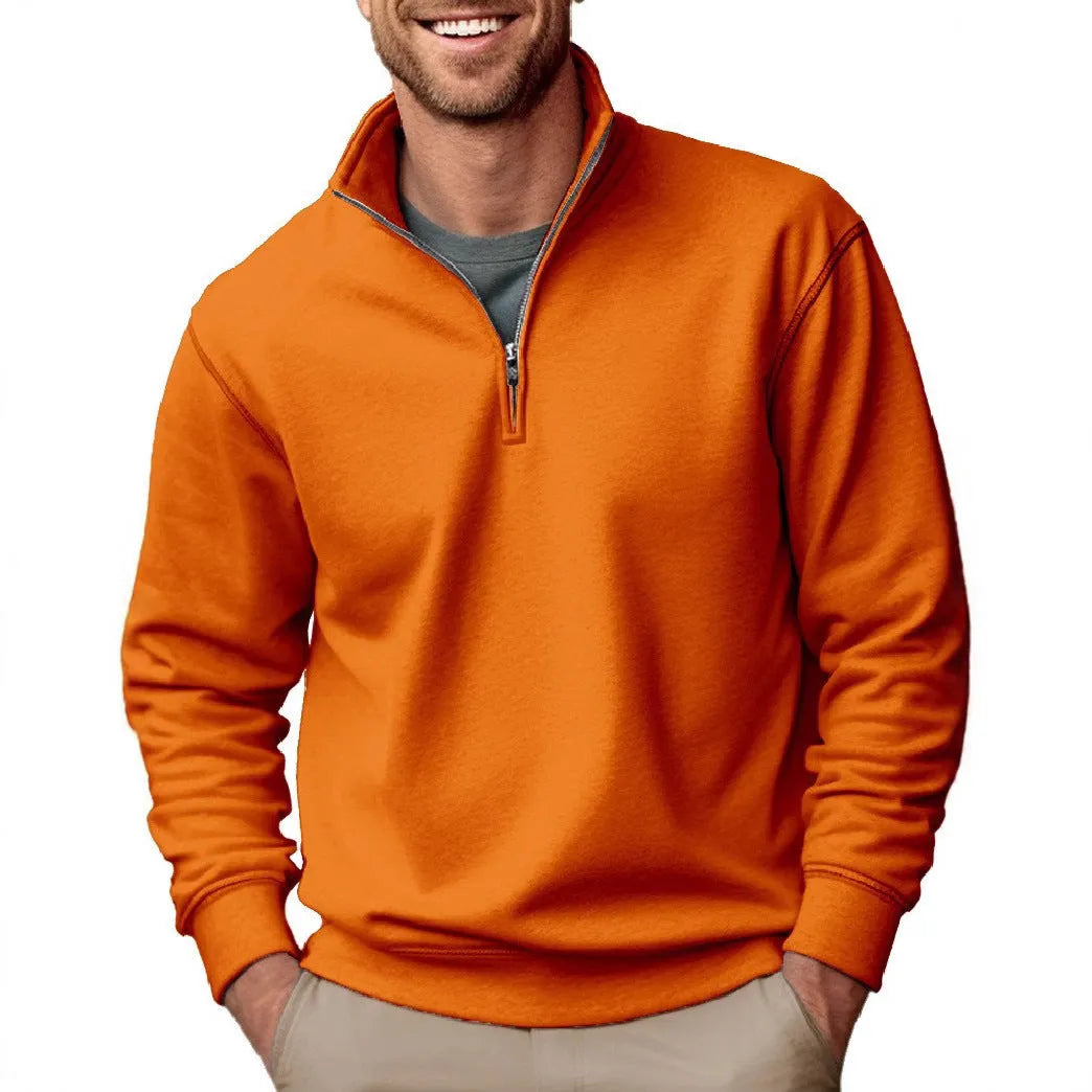 Men's purple casual zipper velvet stand collar solid colour long sleeve pullover sweater with front patch pocket