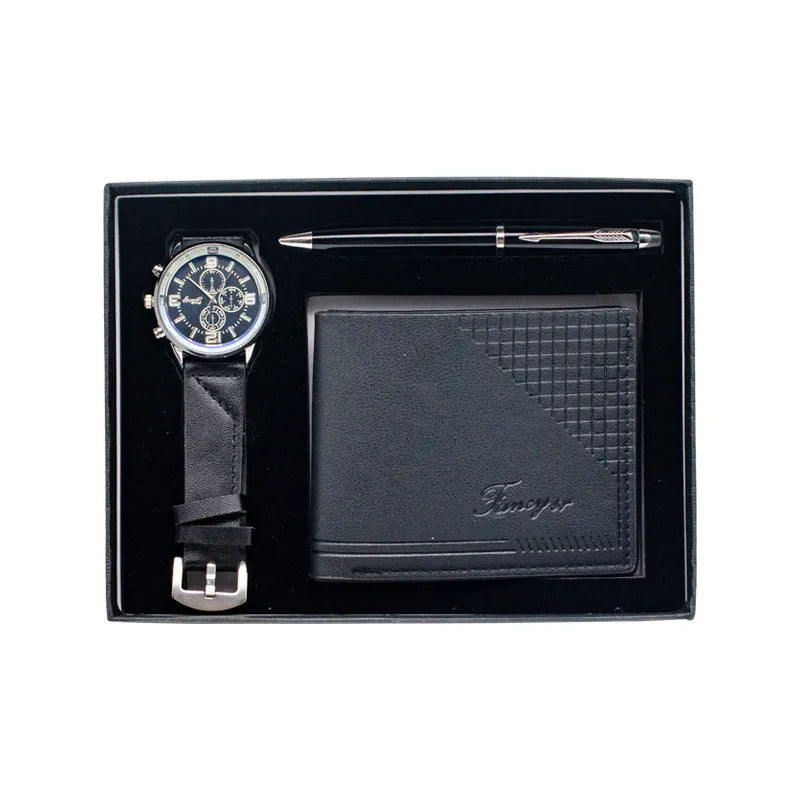 Creative holiday gift set containing wallet, pen and watch in gift box, available in black or brown