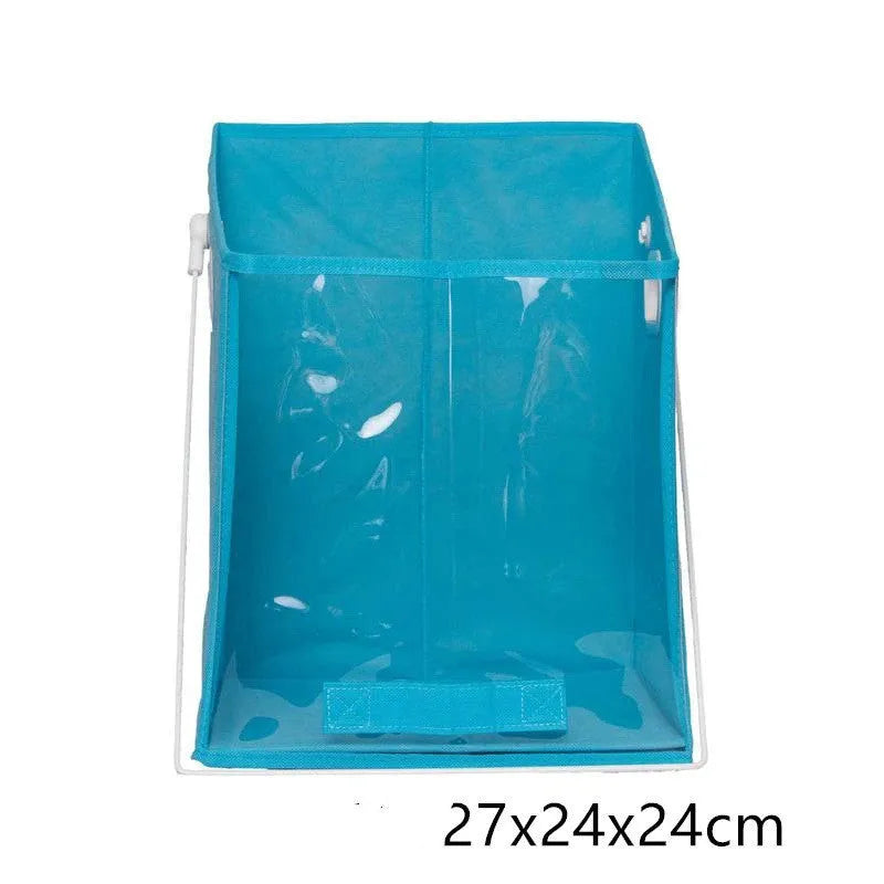 Folding detachable padded storage basket in blue with clear front panel on a wire shelf