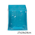 Folding detachable padded storage basket in blue with clear front panel on a wire shelf