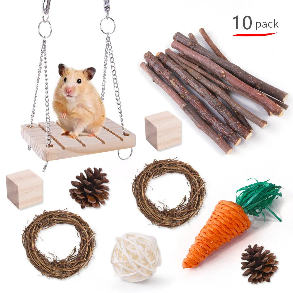 Wooden pet toy set with straw mats and woven balls for rabbits and guinea pigs