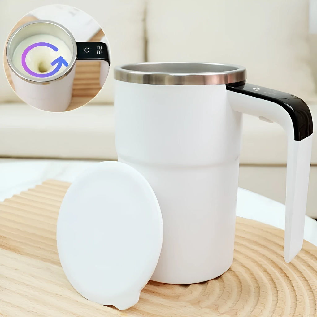 White automatic stirring coffee mug with LCD temperature display and USB charging cable