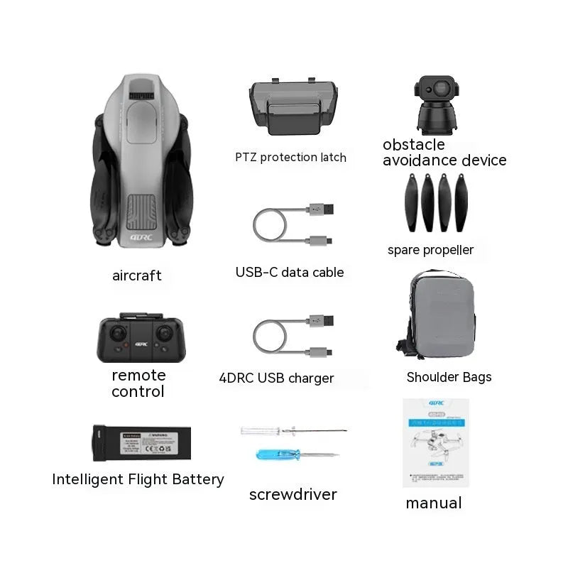White folding quadcopter drone with camera and obstacle avoidance sensors on a remote control.