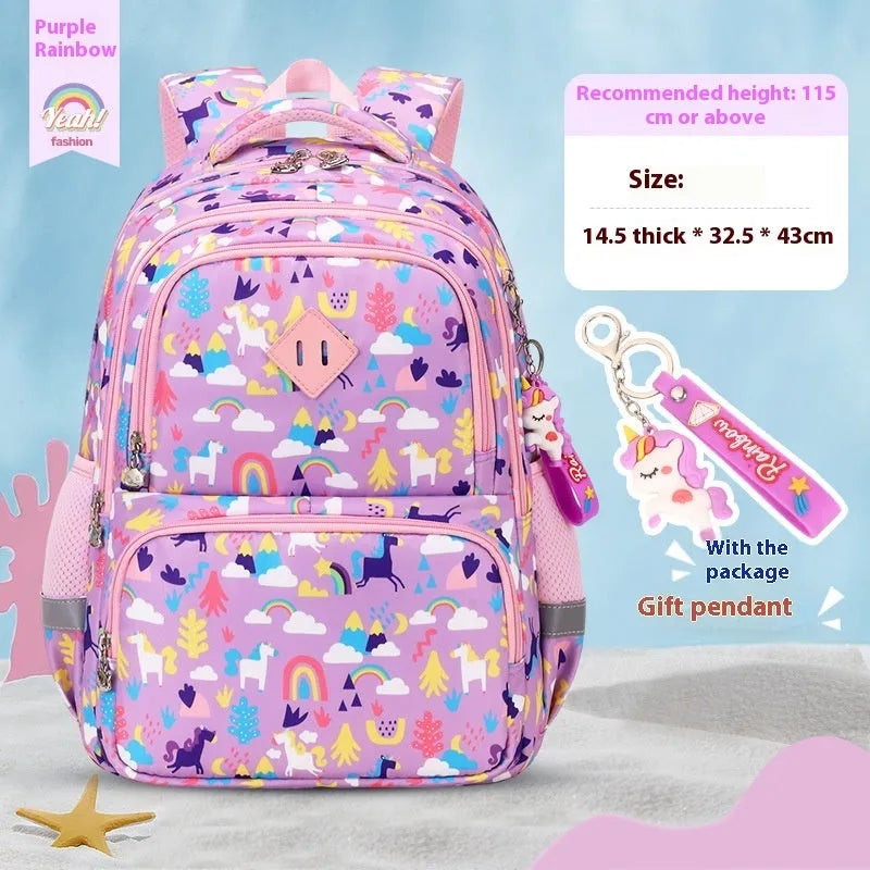 Blue children's Oxford cloth backpack with dinosaur print and curved shoulder straps.