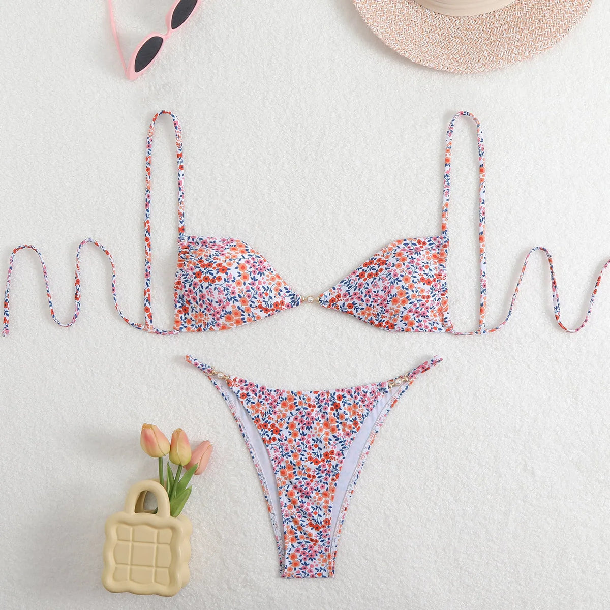 Women's polyester three-point bikini set in brown pattern for swimming and wading