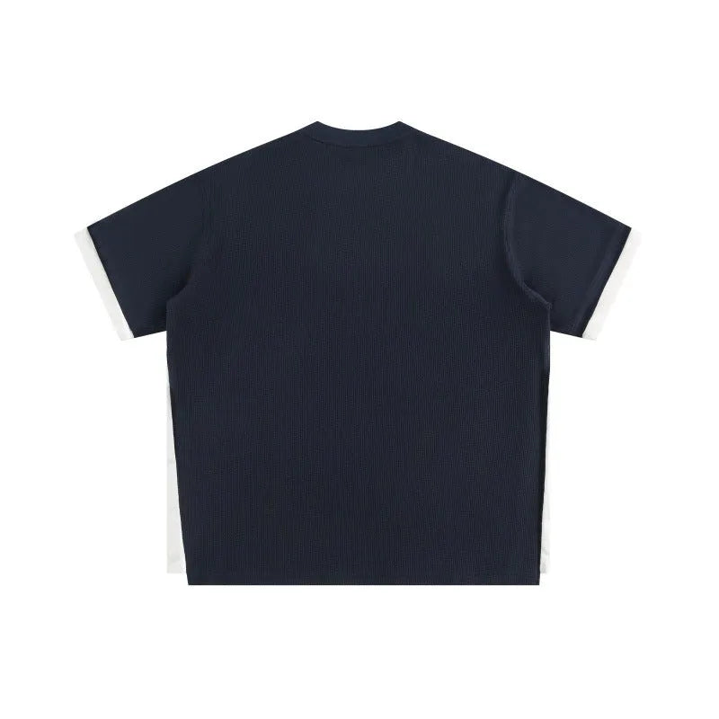 Retro alphabet embroidered loose waffle t-shirt with fake two-piece design in polyester fibre fabric
