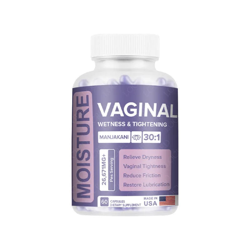 Bottle containing 60 vaginal capsules for adult female intimate health supplement