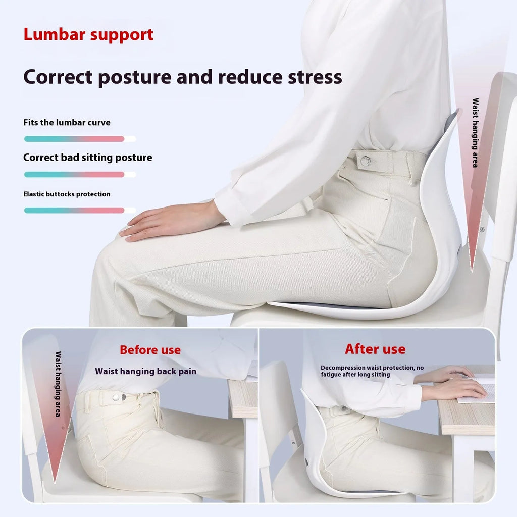 Grey Japanese-style lumbar support cushion for office chair and back pain relief.