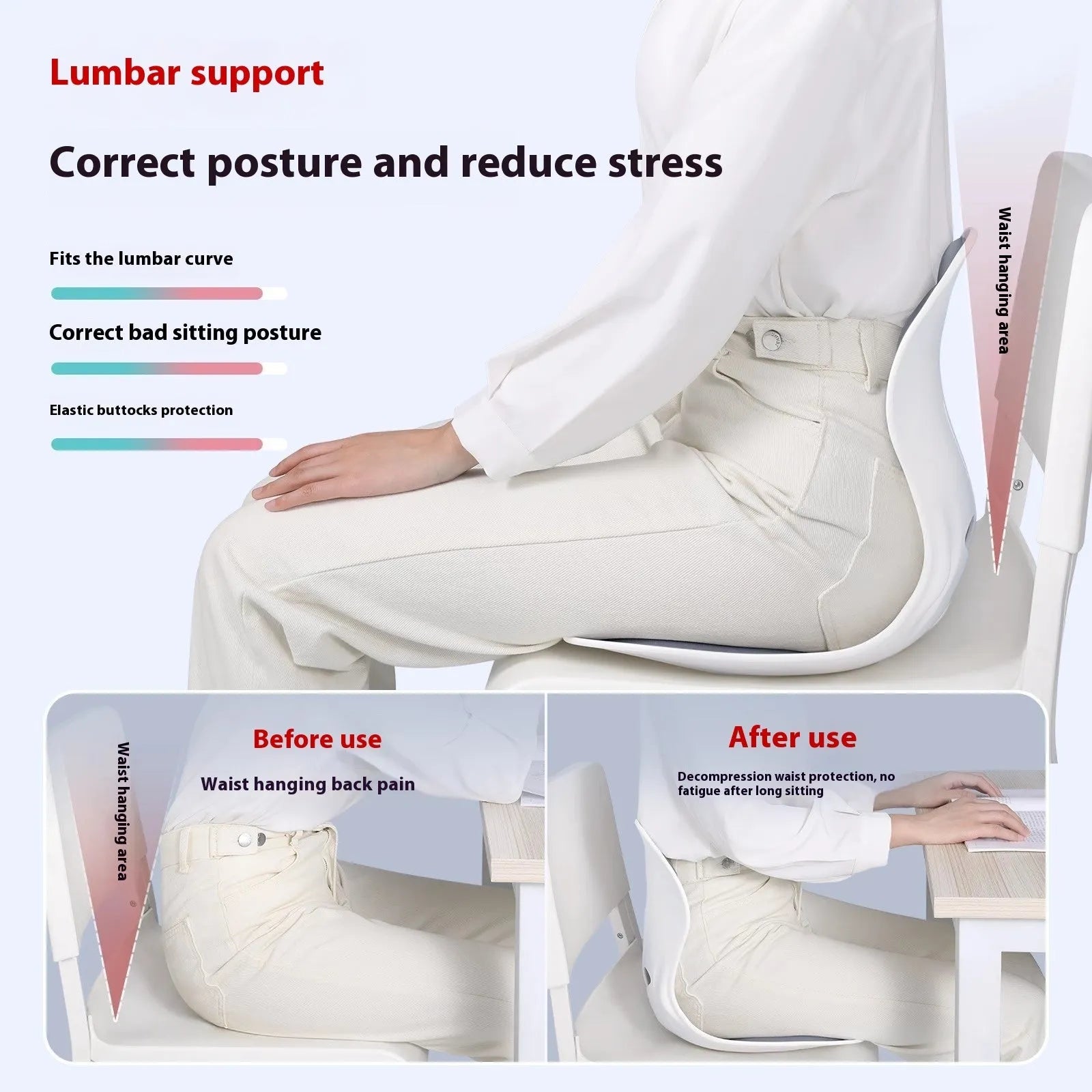 Grey Japanese-style lumbar support cushion for office chair and back pain relief.