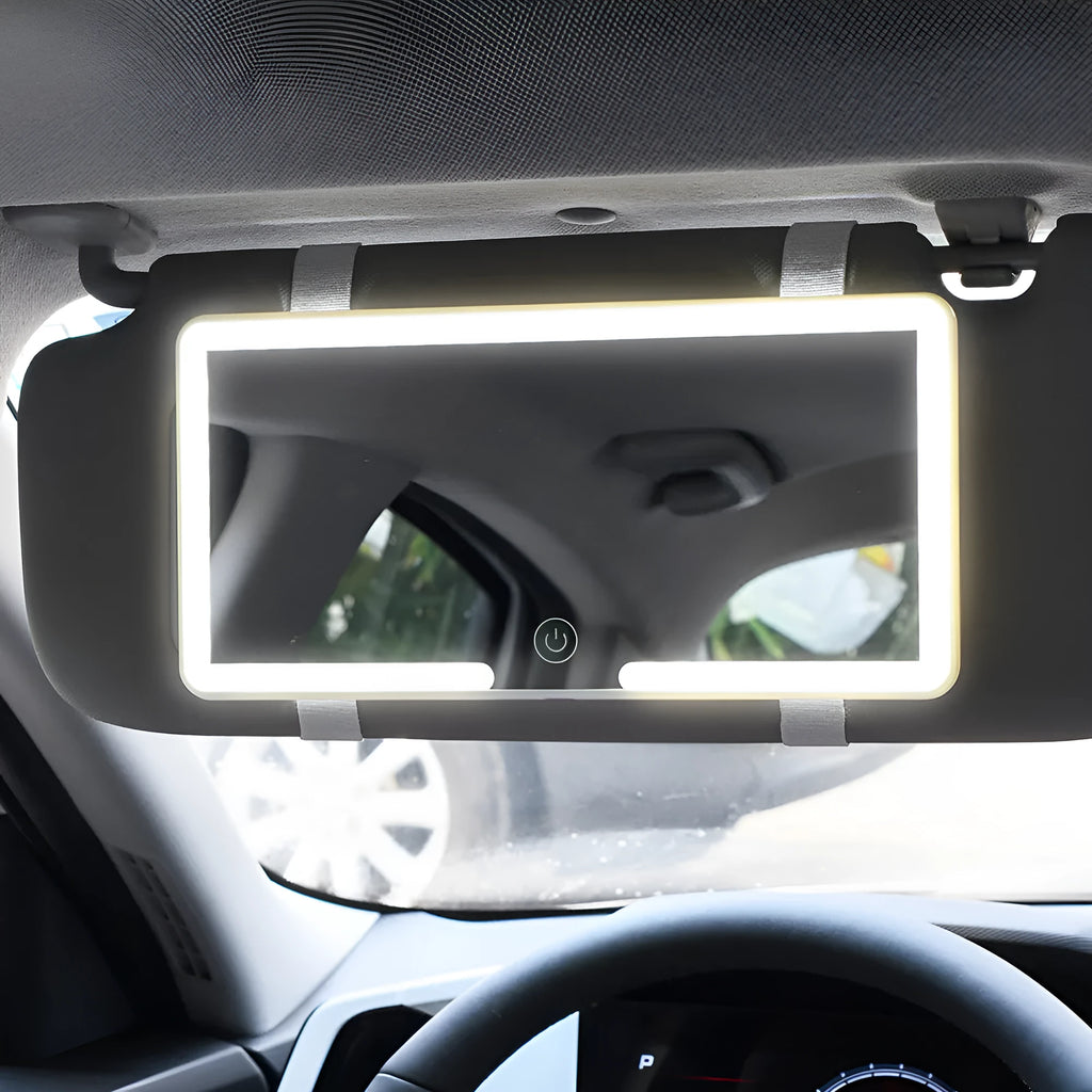 24cm automotive dimmable LED makeup mirror mounted on a car sun visor.