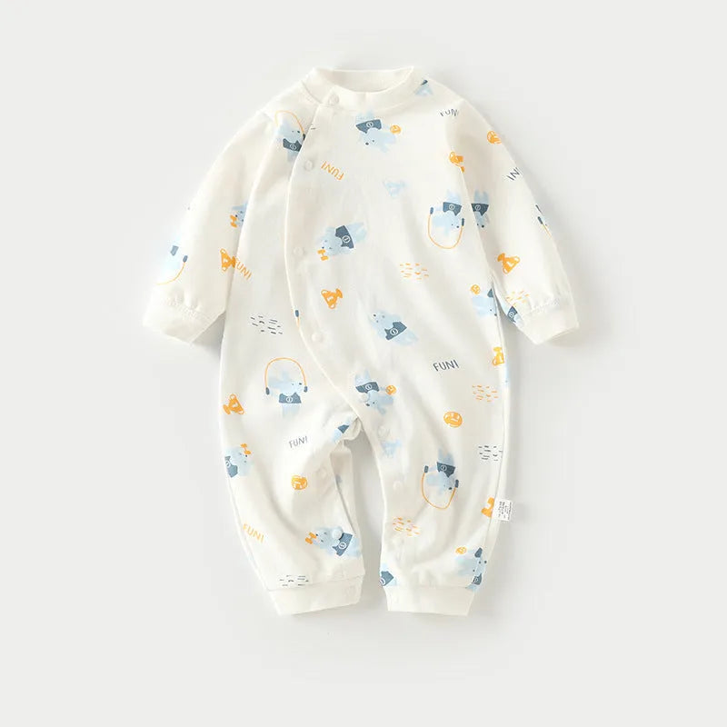 Cotton long climb baby onesie pyjamas in a cartoon print, suitable for newborns.