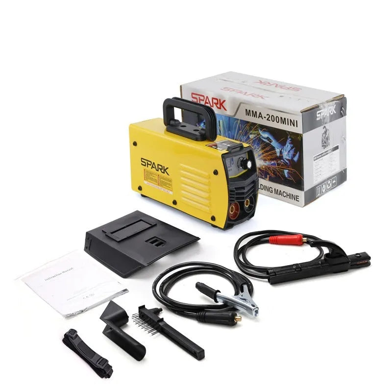 MMA-200MIN 220V DC inverter welding machine with welding tongs, clamps, face shield, and brush hanger