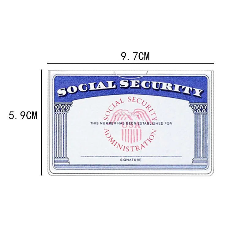 Clear transparent PVC wallet holding a social security card, showing waterproof cover dimensions of 9.7cm by 5.9cm.