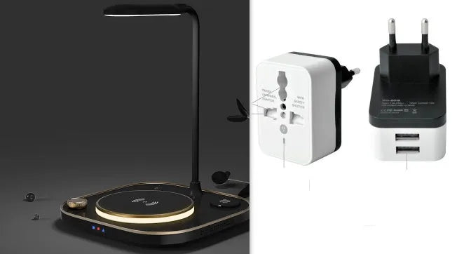 Black wireless magnetic charging station with desk lamp showing three smartphones charging simultaneously