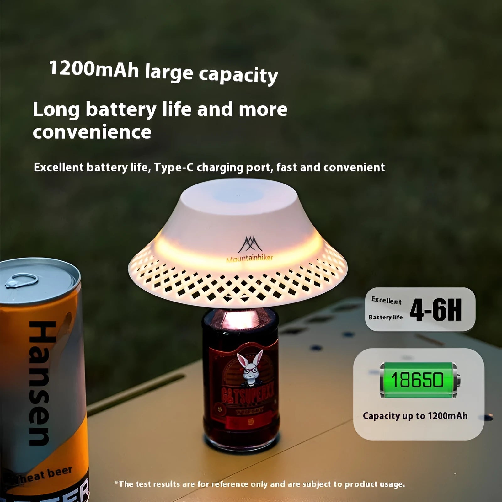 Beige wine bottle-shaped camping lantern with USB-C port and three light mode gear.