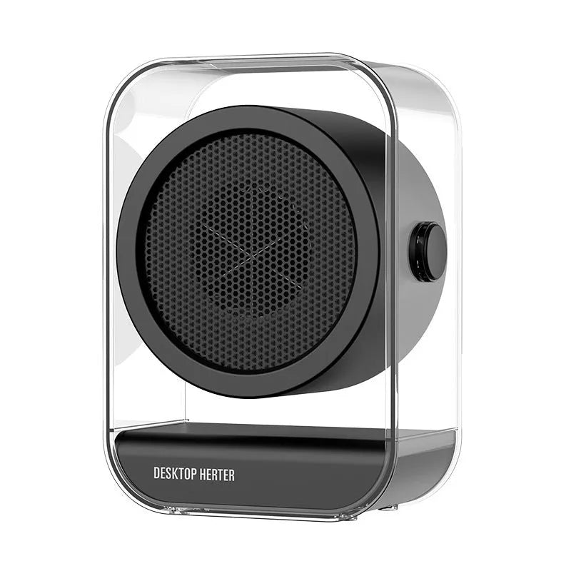 Beige desktop heater with two fan speed buttons and front grille, 196x266mm, 500W