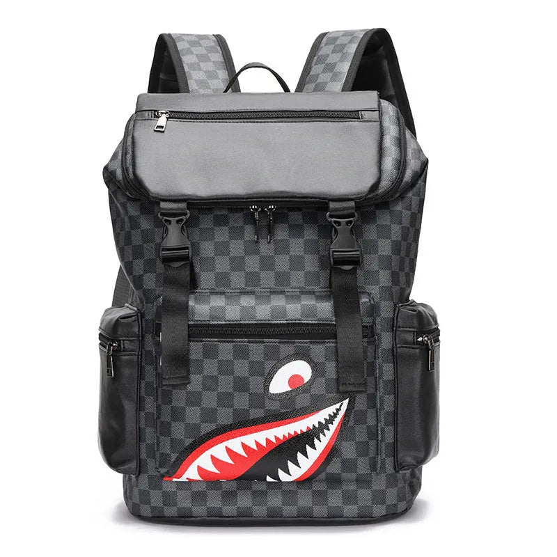 Korean checkered printed black PU leather backpack with curved shoulder straps showing interior polyester lining
