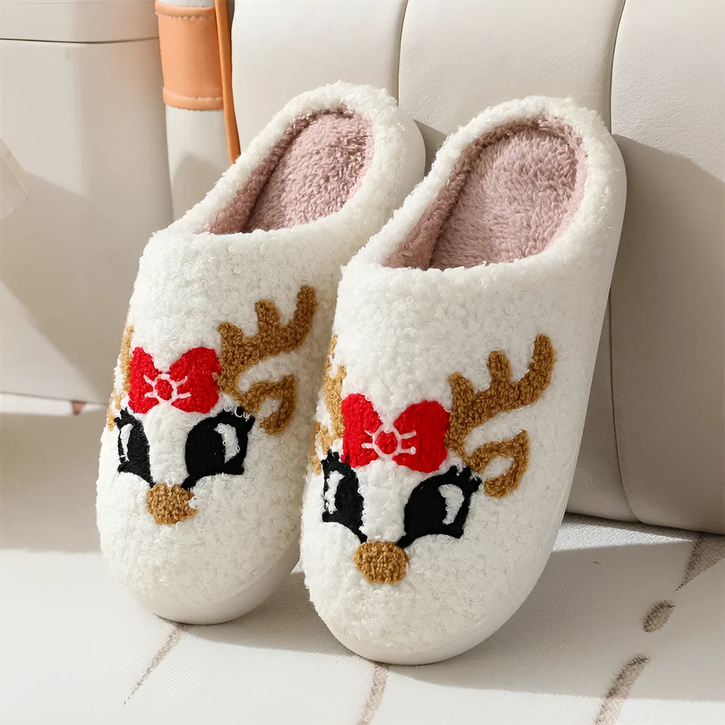 Women's non-slip Christmas deer slippers in fox colour with plush upper and TPR sole
