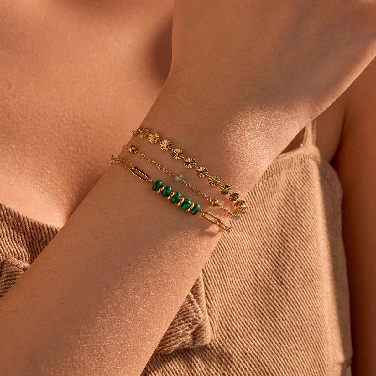Natural stone and freshwater pearl design stainless steel bracelet with 18K electroplating in geometric style for women