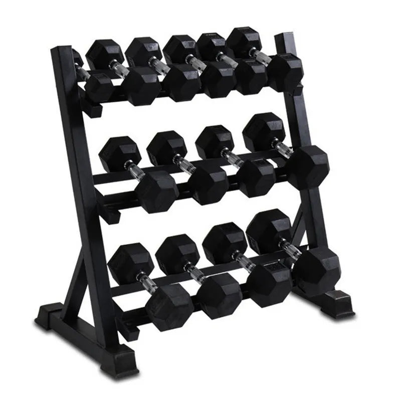 Three-layer black dumbbell rack with square tube and angle iron frame, 99x54x95cm