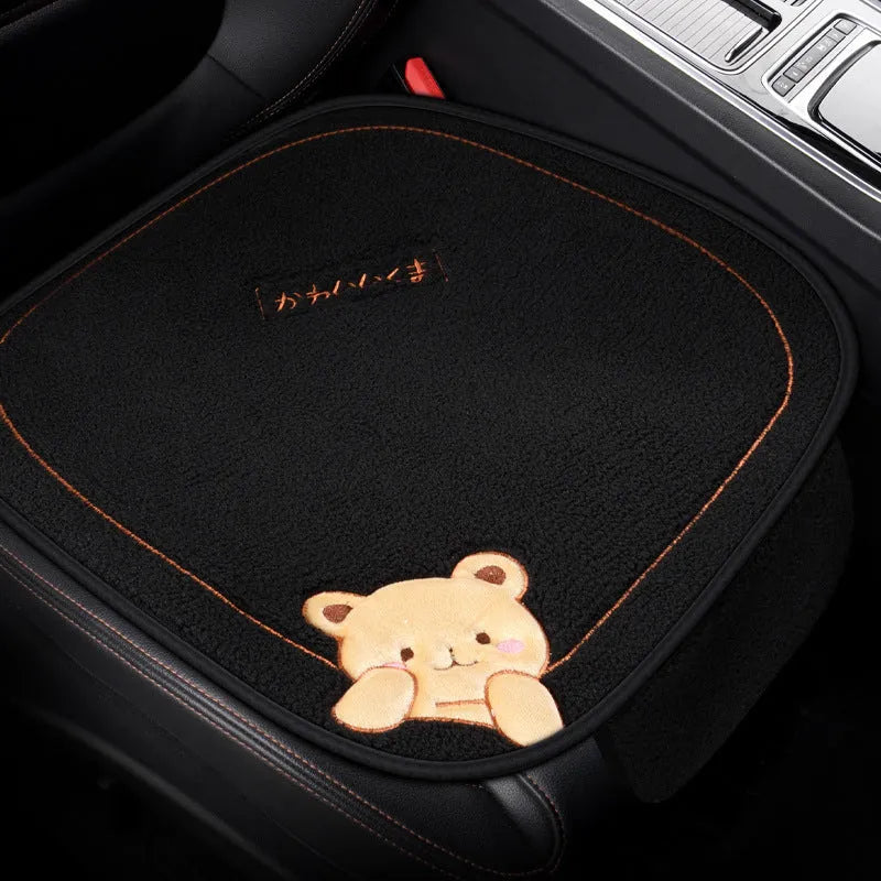 Car cushion winter plush three-piece set with square cushion and lumbar support pillow in trendy bear design