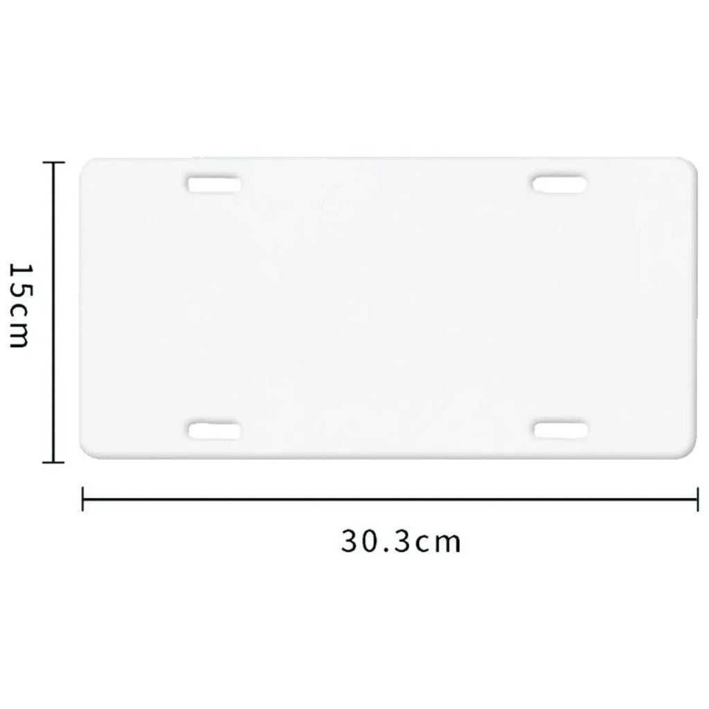 A white rectangular aluminium sheet blank for making a car licence plate, showing size and thickness options.